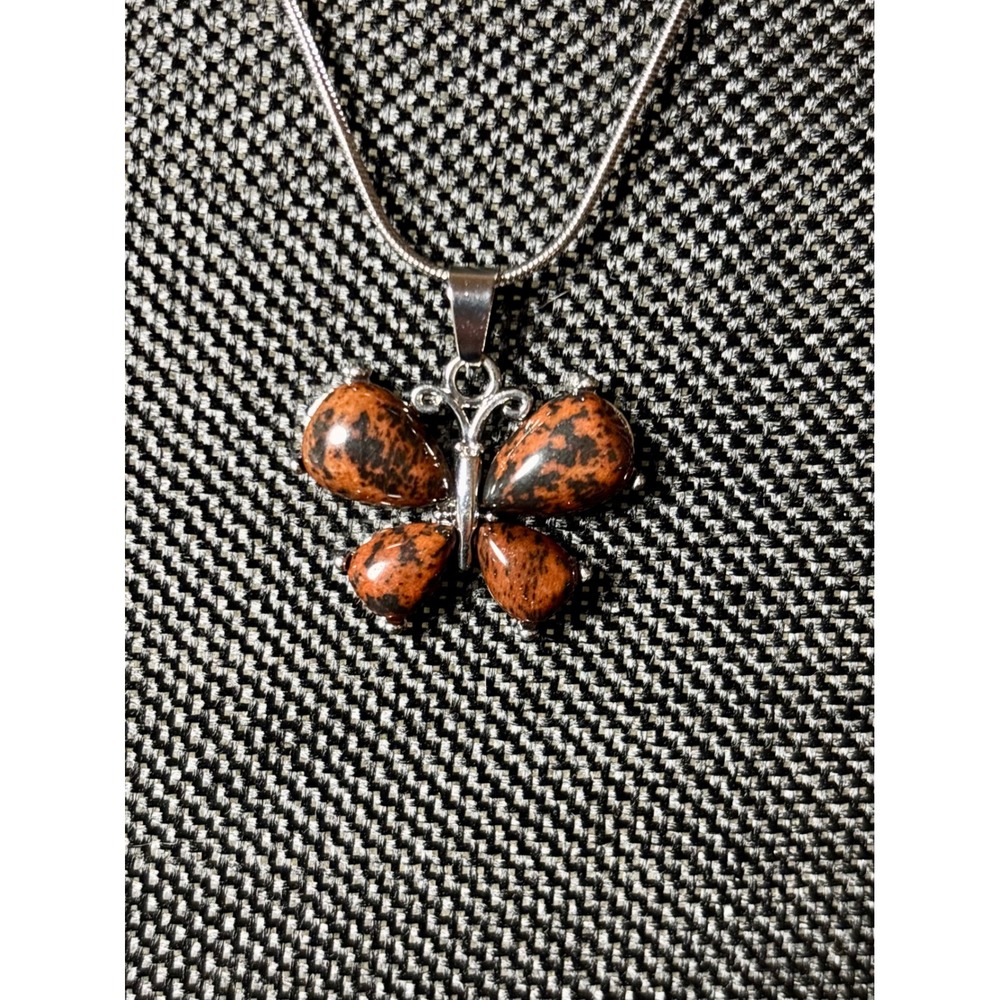 Mahogany Obsidian Butterfly Pendant Necklace Stainless Steel Snake Chain Brown